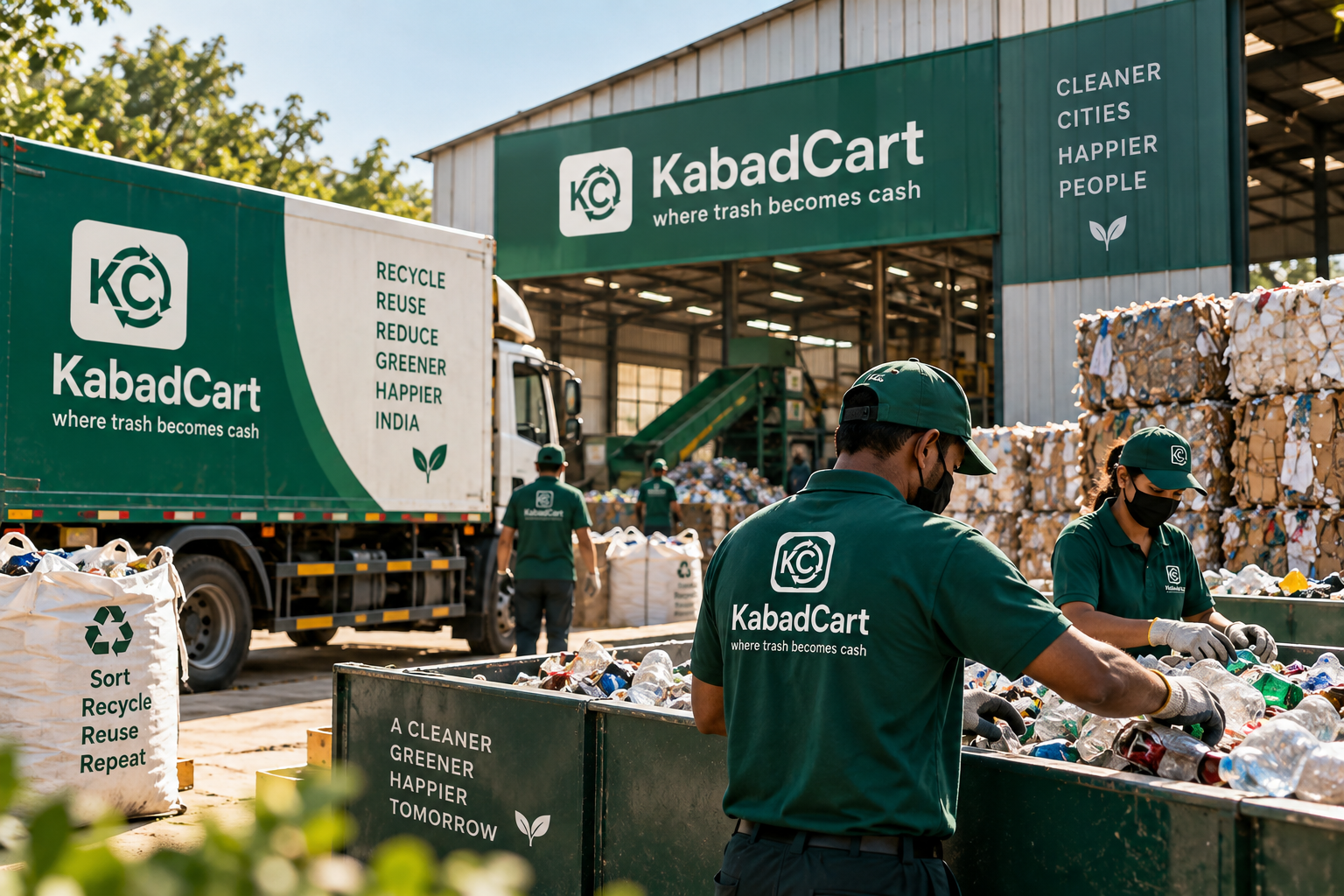 KabadCart trucks and team sorting scrap at a recovery facility
